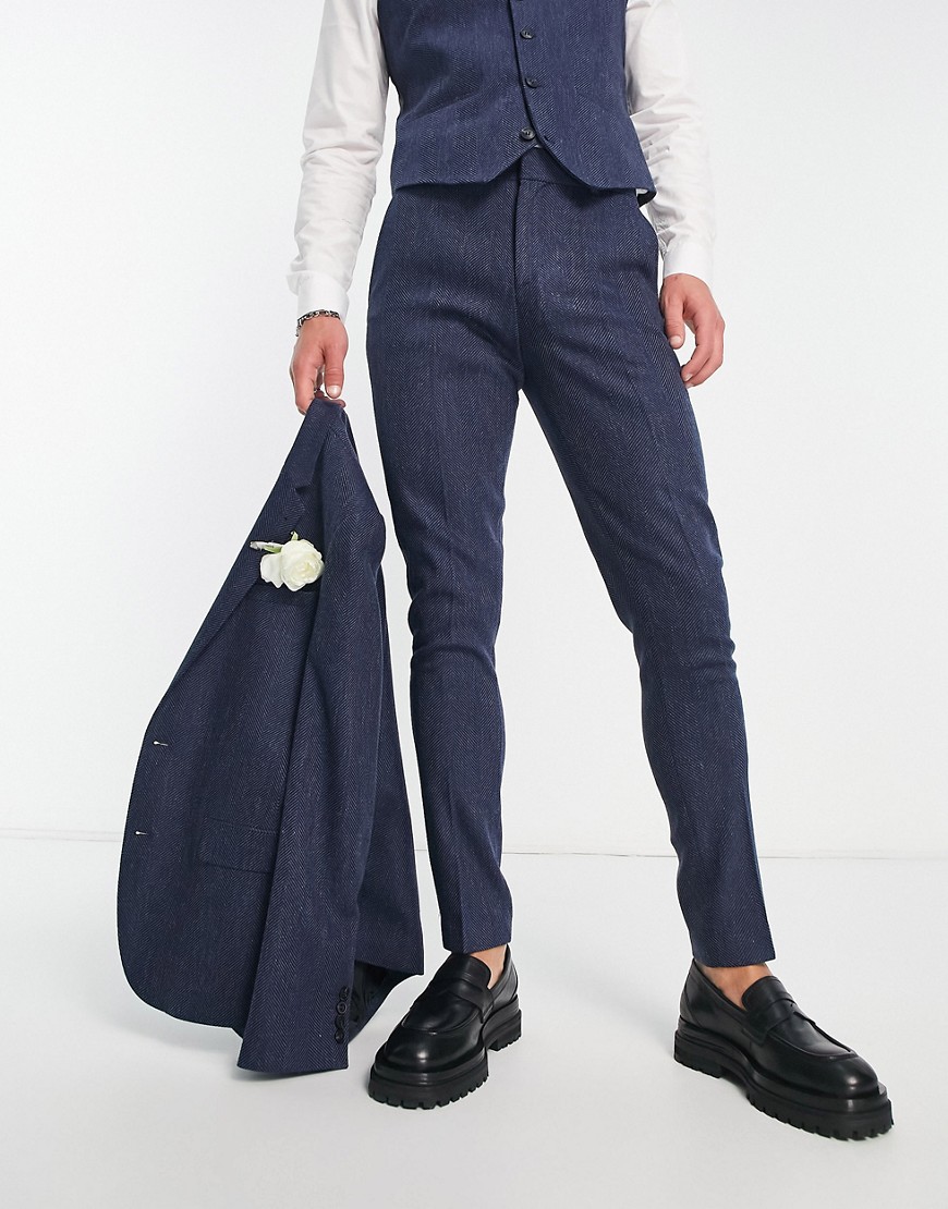 ASOS DESIGN wedding skinny wool mix suit trousers in navy herringbone