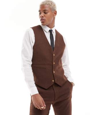 ASOS DESIGN WEDDING SKINNY WOOL MIX SUIT VEST IN BROWN BASKETWEAVE TEXTURE