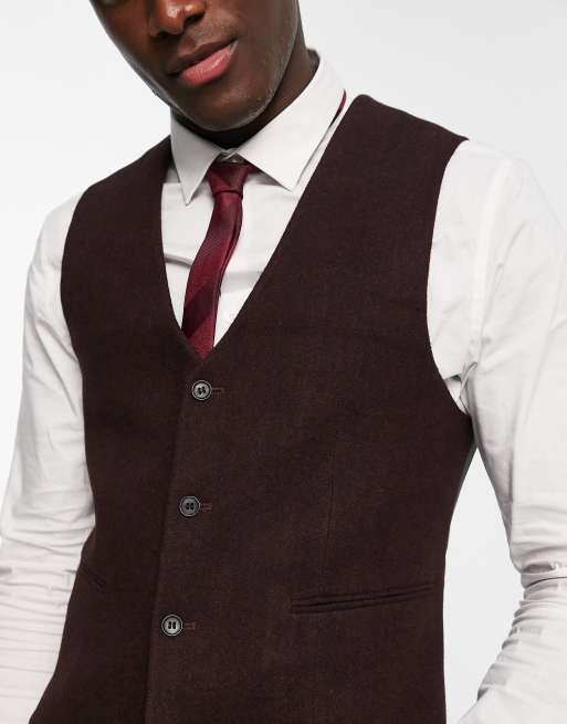ASOS DESIGN wedding skinny wool mix suit vest in burgundy herringbone, 2 of 4