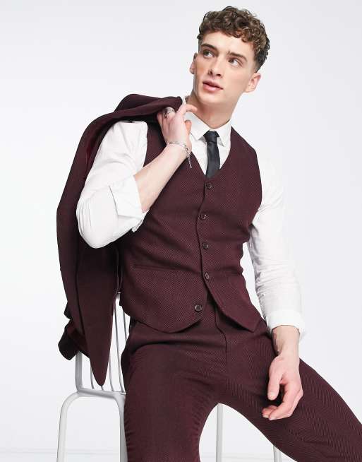 ASOS DESIGN regular suit jacket in burgundy pinstripe