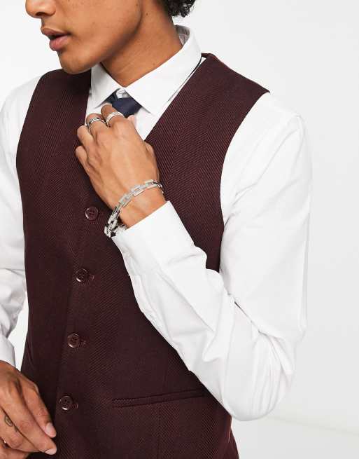 ASOS DESIGN wedding skinny wool mix suit vest in burgundy herringbone 