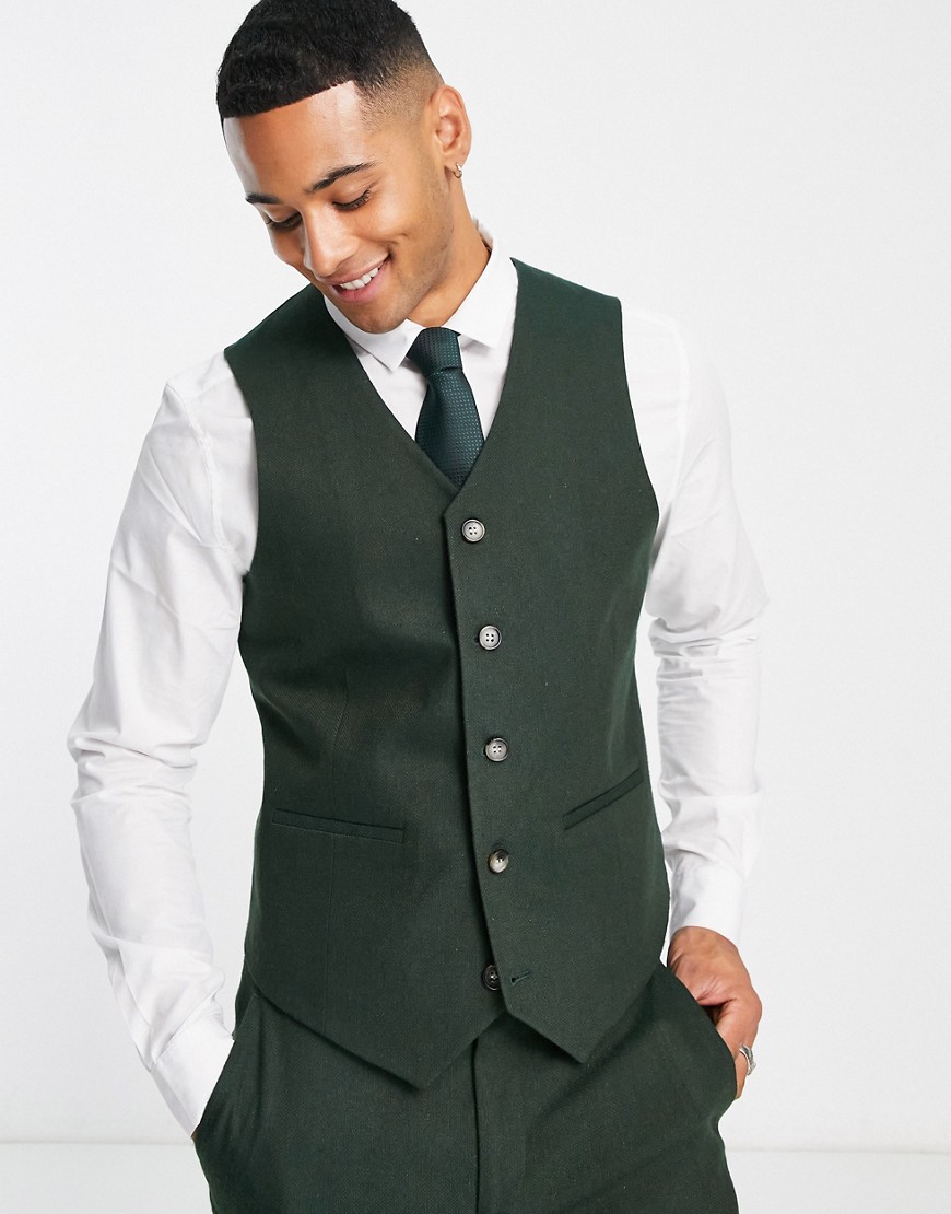 Asos Design Wedding Skinny Wool Mix Suit Vest In Dark Green Basketweave Texture