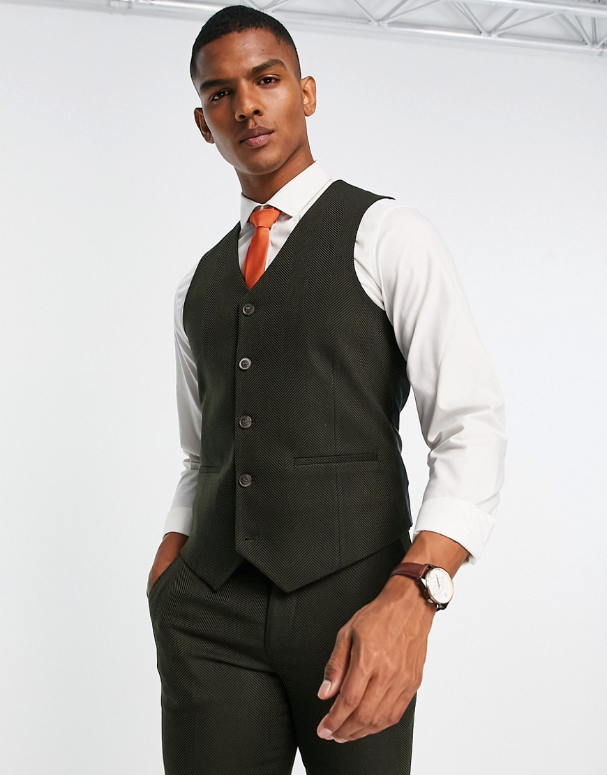 Asos Design Wedding Skinny Wool Mix Suit Vest In Dark Green Herringbone
