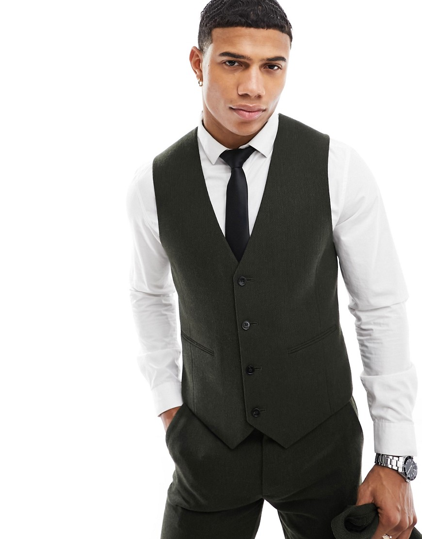 Asos Design Wedding Skinny Wool Mix Suit Vest In Forest Basketweave Texture-green
