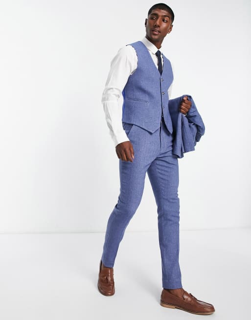 ASOS DESIGN Plus wedding skinny suit jacket in blue wool blend herringbone