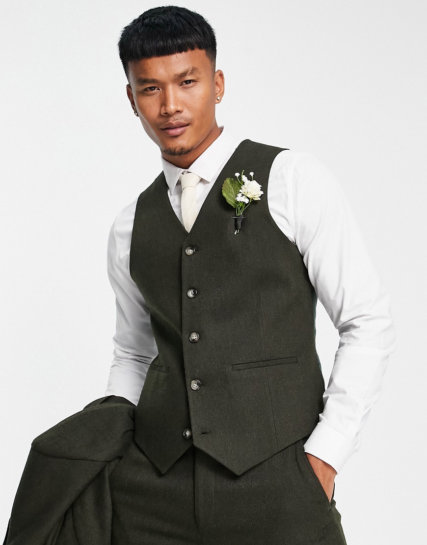 ASOS DESIGN wedding skinny wool mix suit jacket in olive basketweave texture-Green