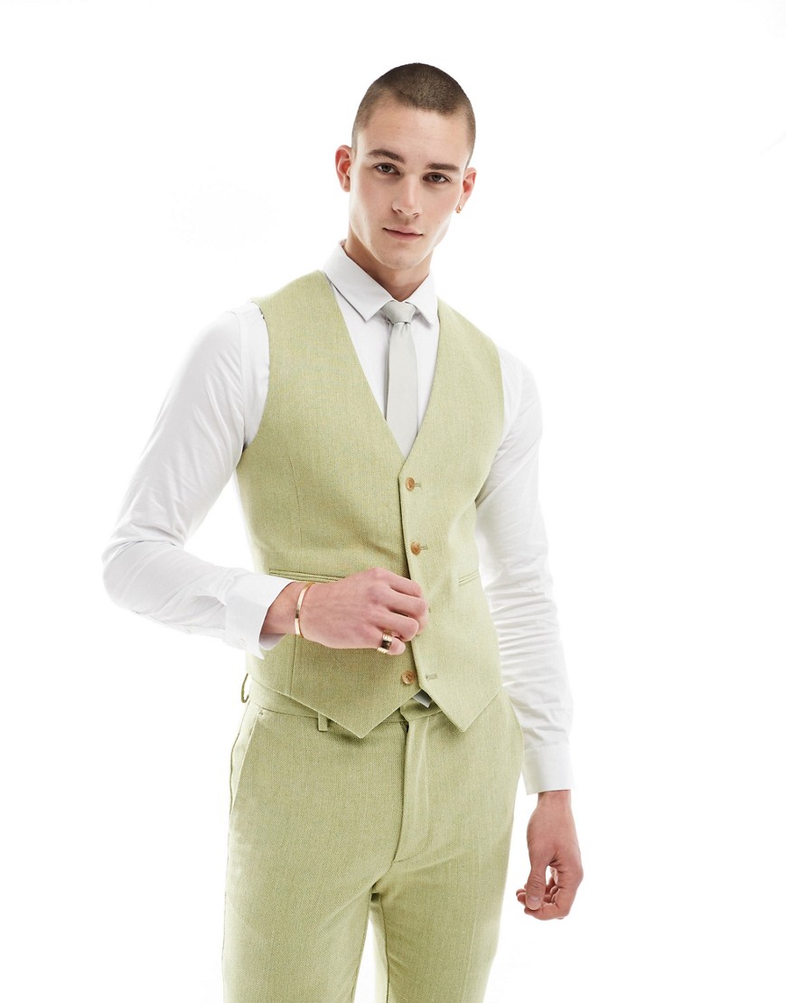 Asos Design Wedding Skinny Wool Mix Suit Vest In Olive Basketweave Texture-green