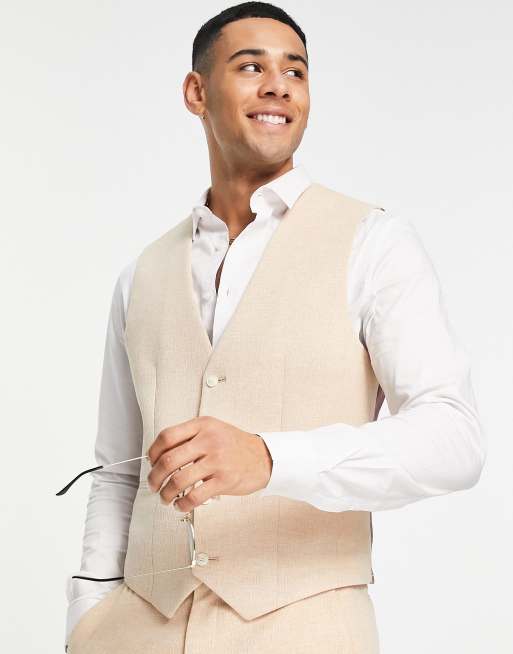 ASOS DESIGN wedding skinny wool mix suit vest in pink basketweave texture