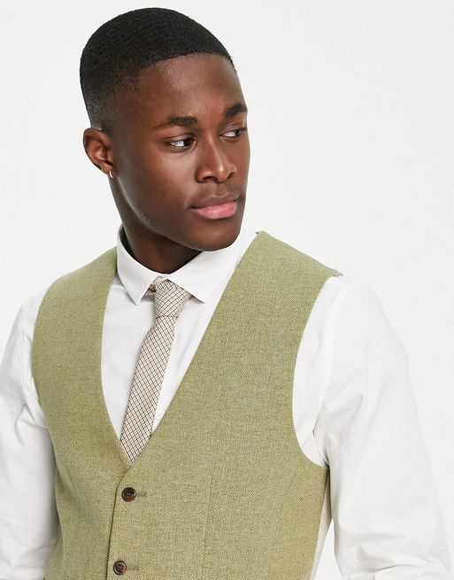 ASOS DESIGN wedding skinny wool mix suit vest in sage basketweave