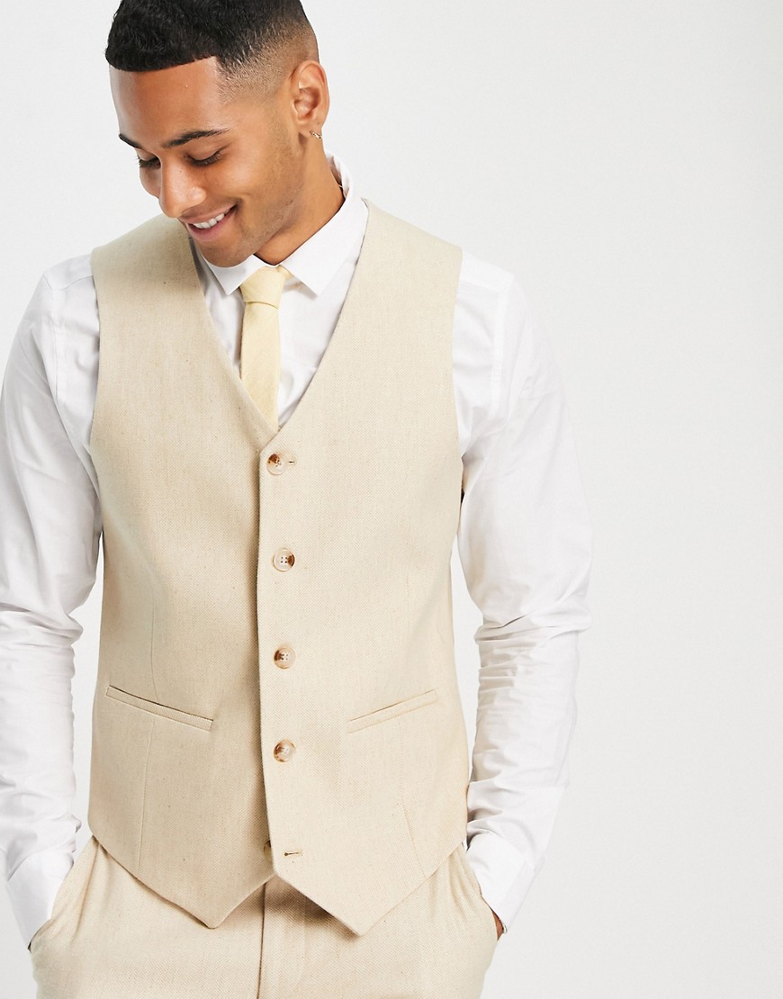 Asos Design Wedding Skinny Wool Mix Suit Vest In Stone Basketweave Texture-neutral