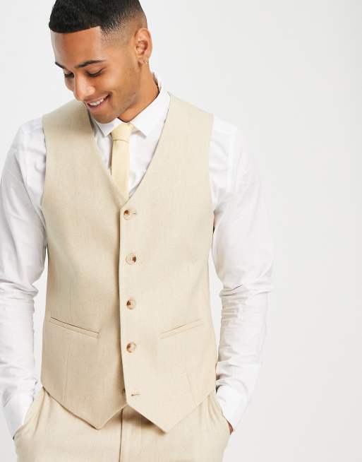 ASOS DESIGN wedding skinny wool mix suit vest in stone basketweave