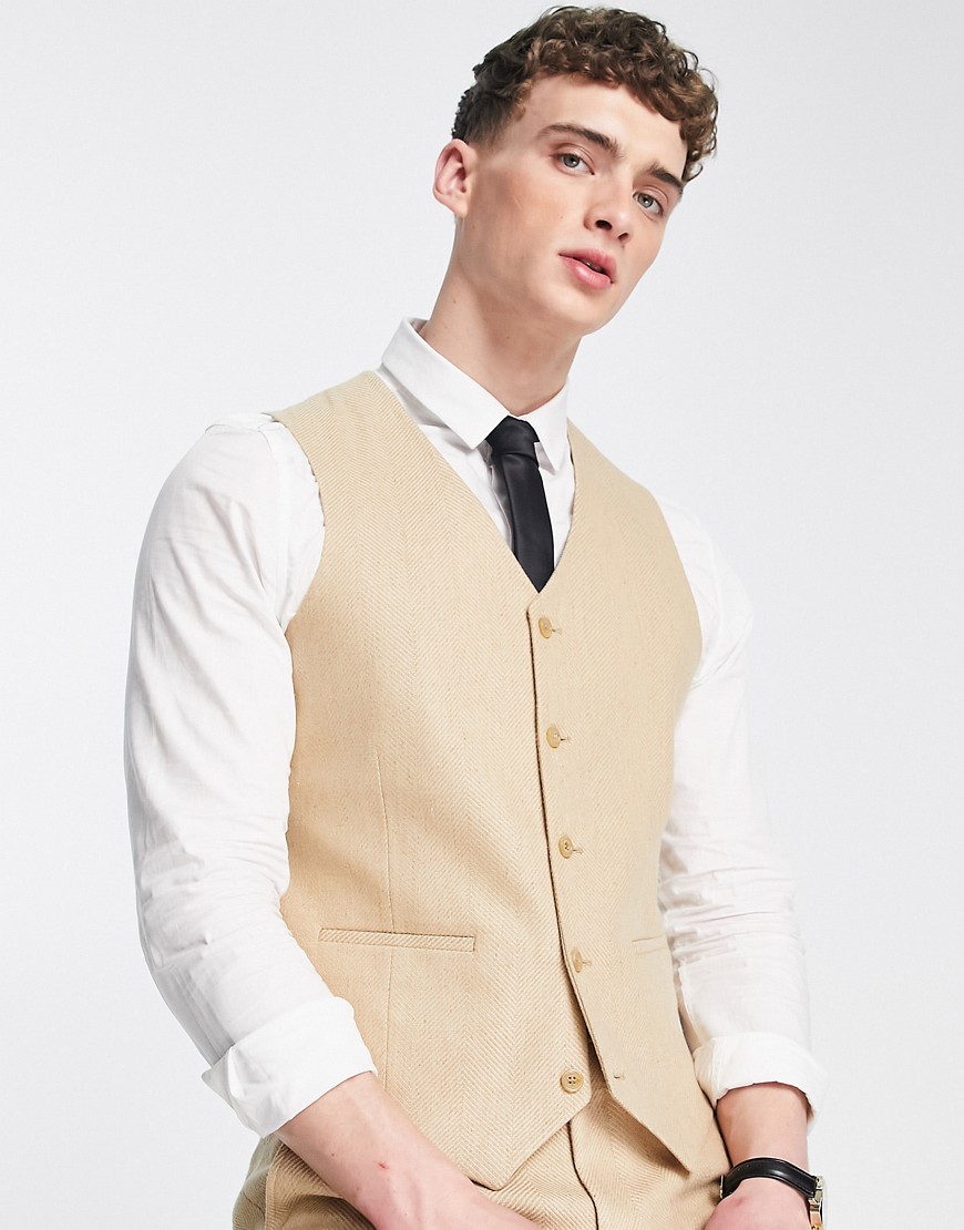 Asos Design Super Skinny Wool Mix Suit Vest In Stone Herringbone-neutral