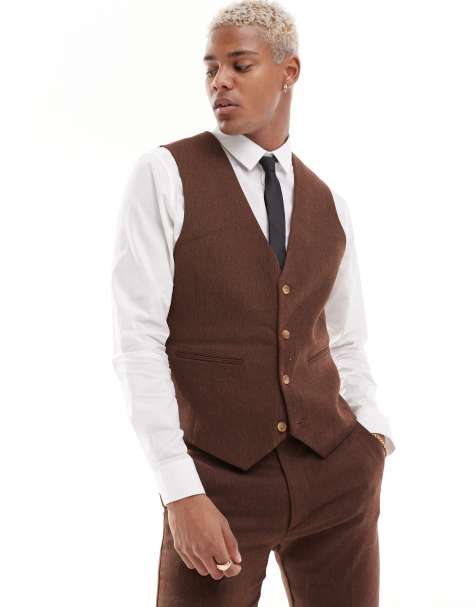 ASOS DESIGN wedding skinny wool mix suit waistcoat in brown basketweave texture - view 1