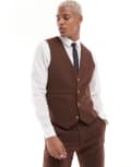 [ASOS DESIGN] ASOS DESIGN wedding skinny wool mix suit waistcoat in brown basketweave texture Chest 40 Regular Warm brown