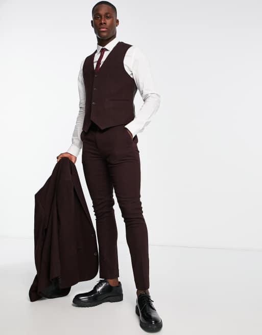 ASOS DESIGN wedding skinny wool mix suit waistcoat in burgundy herringbone, 3 of 4