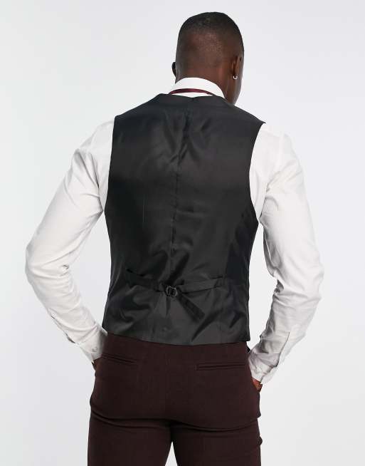 ASOS DESIGN wedding skinny wool mix suit waistcoat in burgundy herringbone, 4 of 4