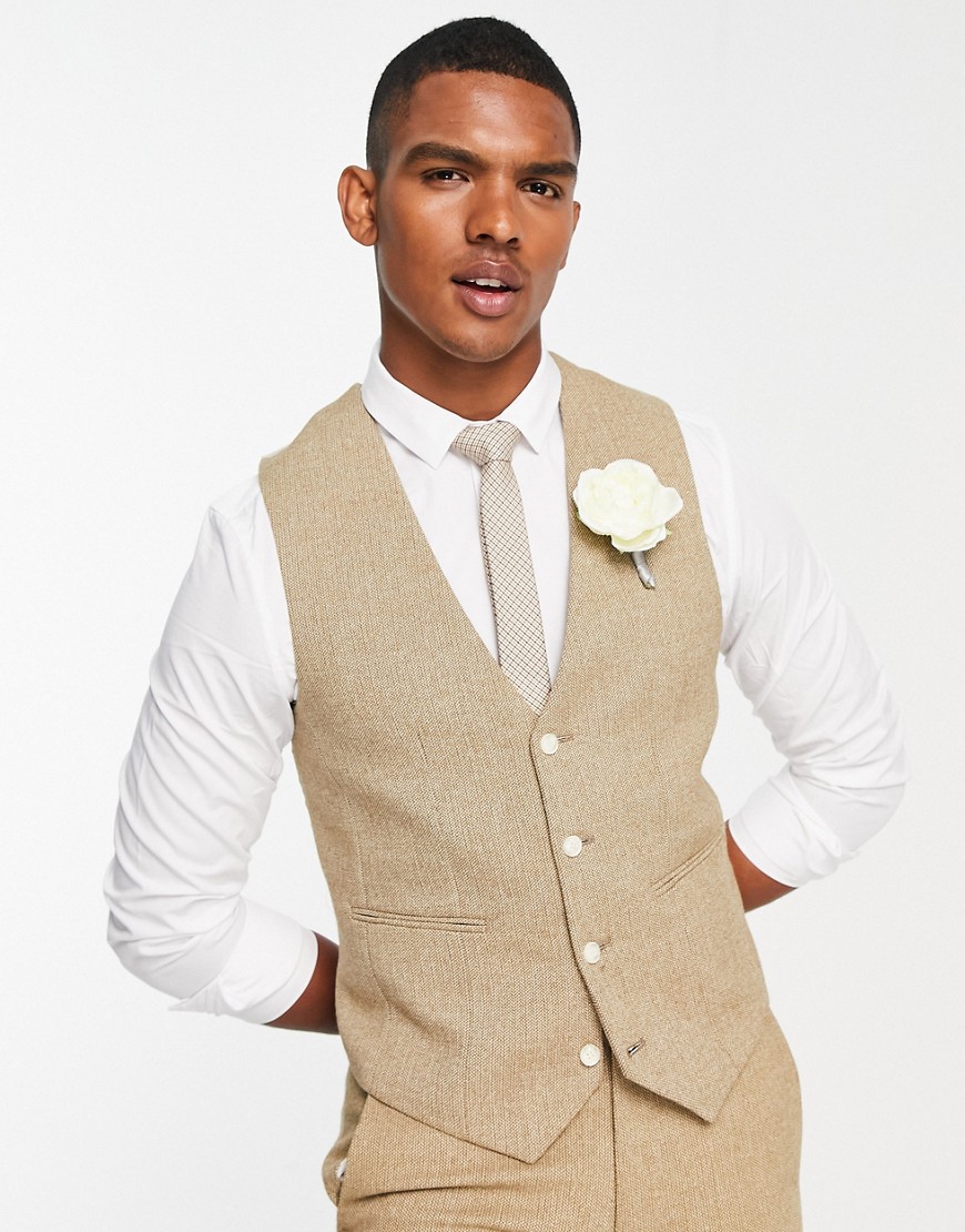 ASOS DESIGN wedding skinny wool mix suit waistcoat in camel basketweave texture-Neutral