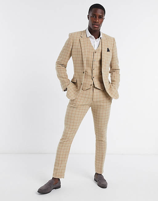 ASOS DESIGN wedding skinny wool mix suit waistcoat in camel houndstooth check
