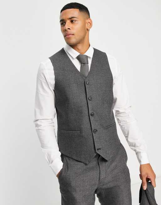 ASOS DESIGN wedding skinny wool mix suit waistcoat in charcoal herringbone