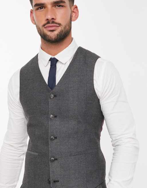 ASOS DESIGN wedding skinny wool mix suit waistcoat in charcoal herringbone, 3 of 4