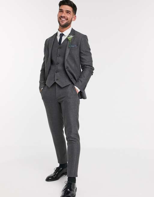 ASOS DESIGN wedding skinny wool mix suit waistcoat in charcoal herringbone, 4 of 4