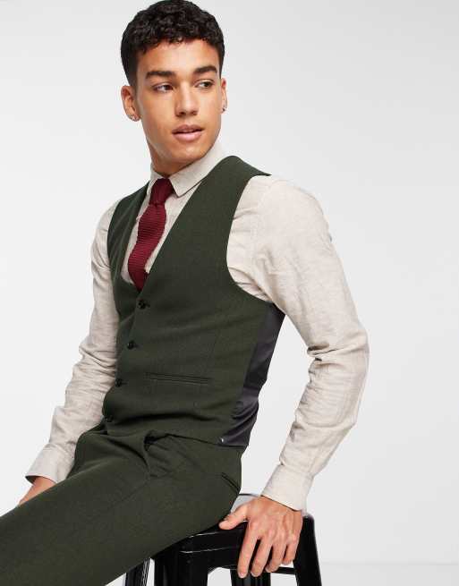 ASOS DESIGN wedding skinny wool mix suit waistcoat in dark green basketweave texture