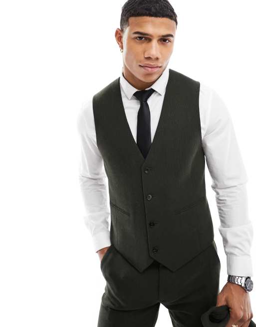 ASOS DESIGN wedding skinny wool mix suit waistcoat in forest basketweave texture 