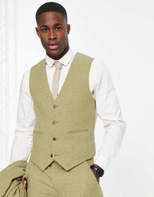 Asos Design Wedding Skinny Wool Mix Suit Waistcoat In Sage Basketweave