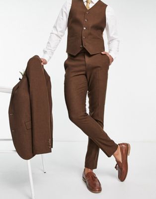 ASOS DESIGN wedding skinny wool mix trousers in brown basketweave texture