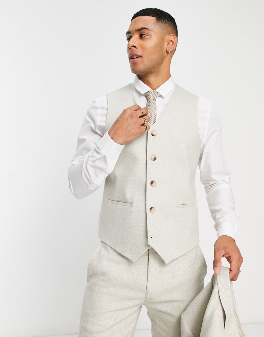 ASOS DESIGN wedding skinny wool mix waistcoat in stone basketweave texture-Neutral