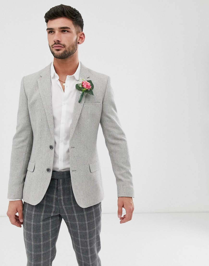 ASOS DESIGN wedding skinny blazer i uldblanding med vidt sildebensmønster - grå