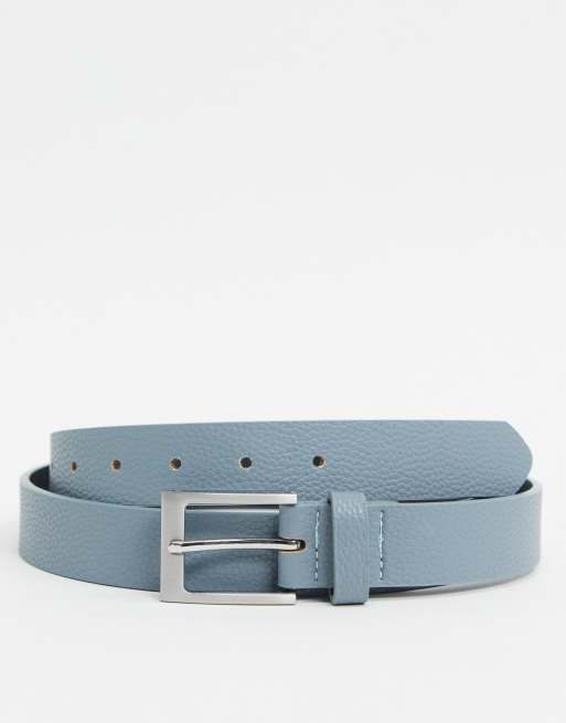 ASOS Wedding Faux Leather Slim Belt In Light Blue for Men