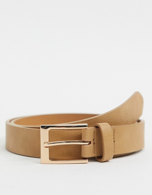 ASOS DESIGN Wedding slim belt in light tan faux leather with gold buckle
