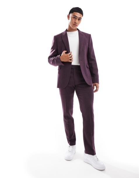 ASOS DESIGN wedding slim burgundy suit in wool herringbone - view 1