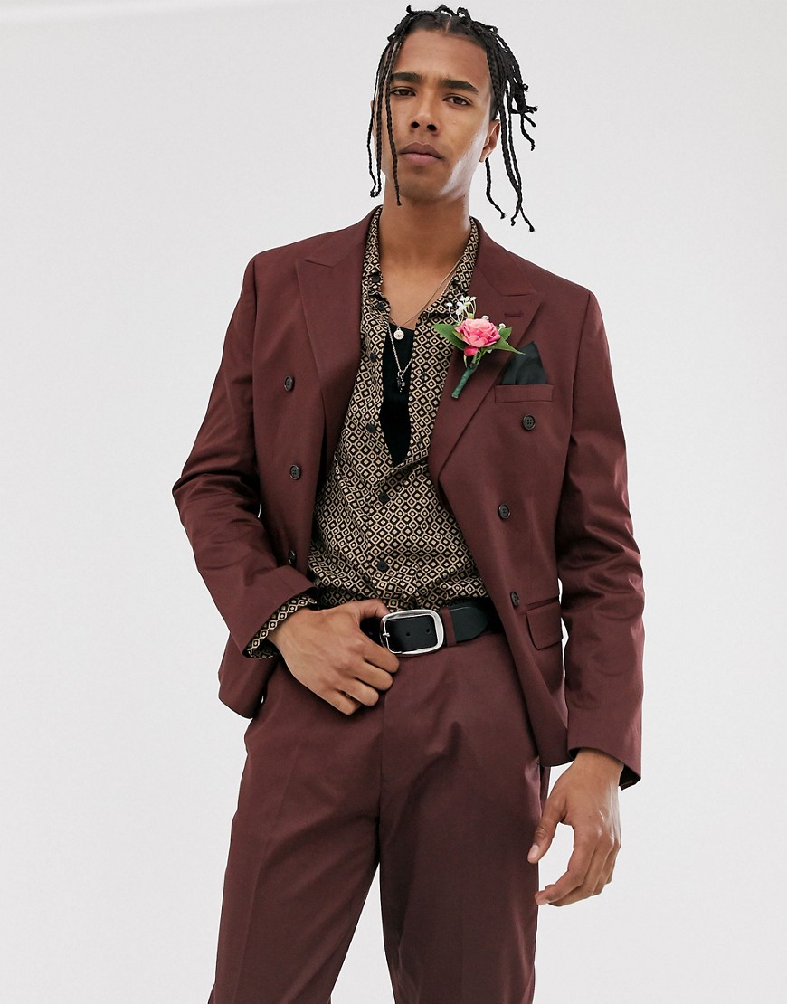 ASOS DESIGN wedding slim cotton double breasted suit jacket in burgundy-Red
