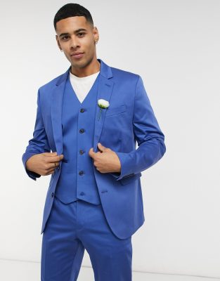 ASOS DESIGN wedding slim cotton suit jacket in navy - view 1