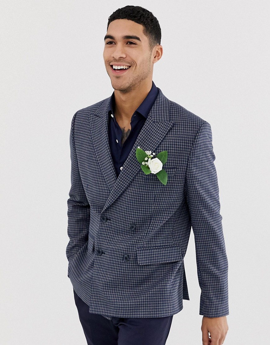ASOS DESIGN wedding slim double breasted blazer in wool mix with blue dogtooth check