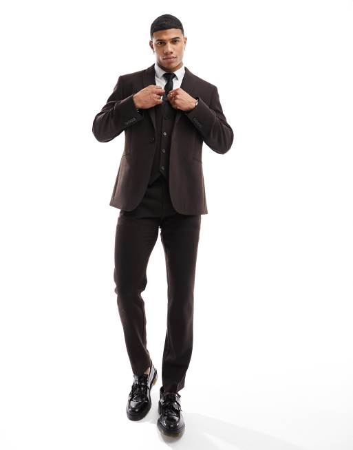 ASOS DESIGN Wedding - Slim-fit colbert van wolmix in donkerbruin met textuur van geweven steken