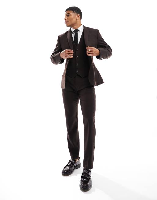 ASOS DESIGN Wedding - Slim-fit pantalon van wolmix in donkerbruin met textuur van geweven steken
