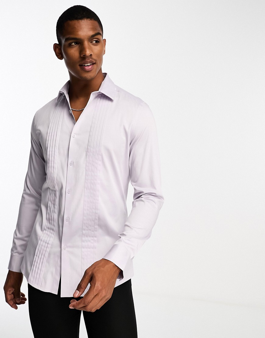 Asos Design Wedding Slim Sateen Shirt With Pleated Front In Pale Lilac-purple