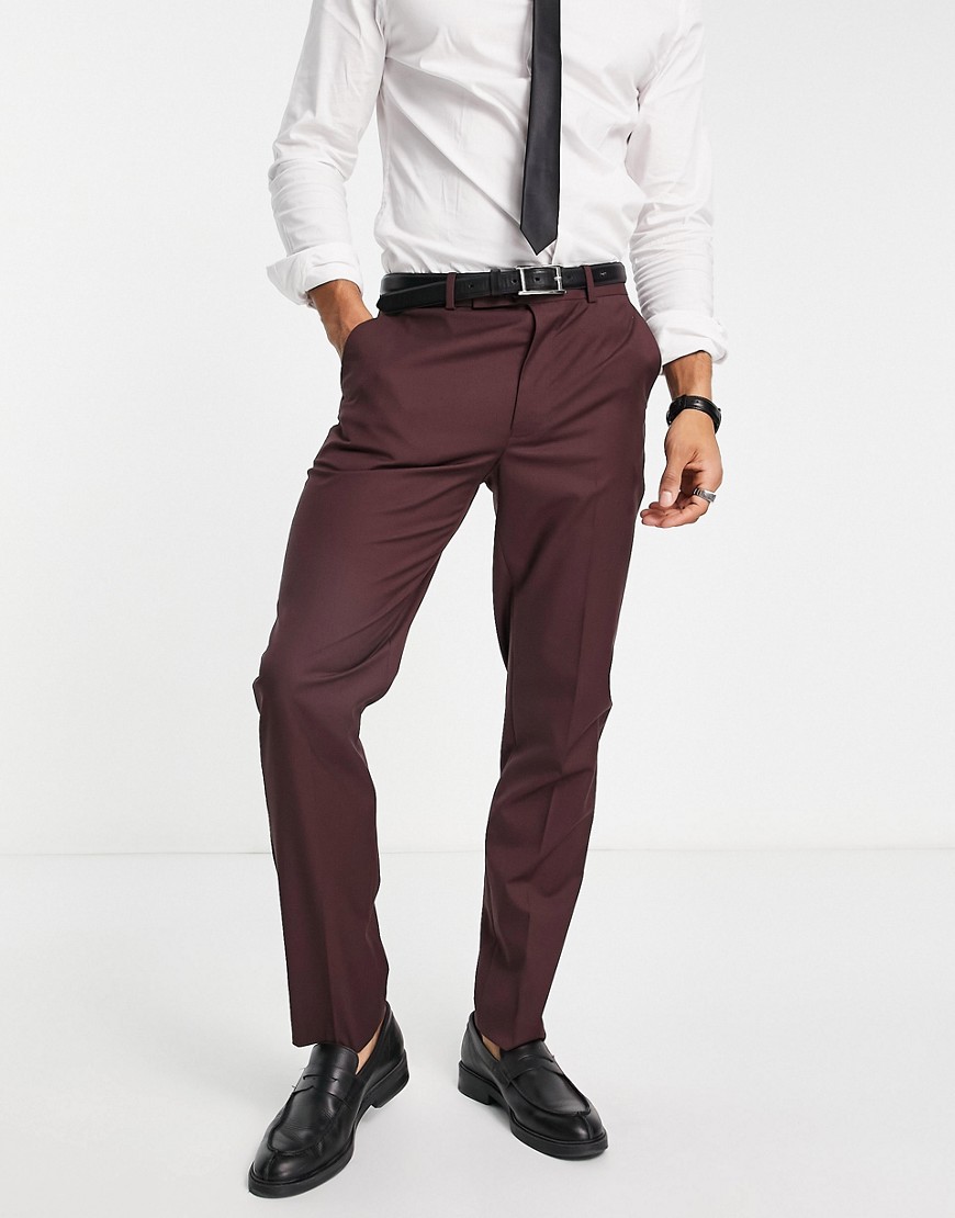 ASOS DESIGN wedding slim smart trousers in burgundy-Red
