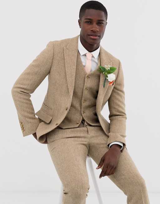 ASOS DESIGN wedding slim suit jacket in 100 wool Harris Tweed in camel