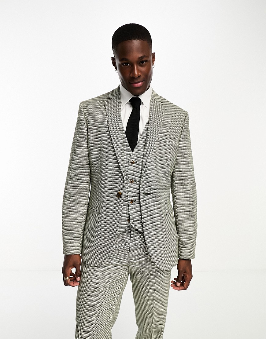 Shop Asos Design Wedding Slim Suit Jacket In Birdseye Texture In Green