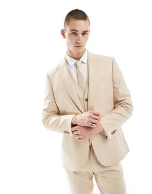 Asos Design Wedding Slim Suit Jacket In Camel Microtexture-neutral