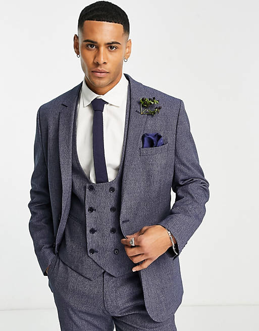 ASOS DESIGN wedding slim suit jacket in dark blue micro texture | ASOS