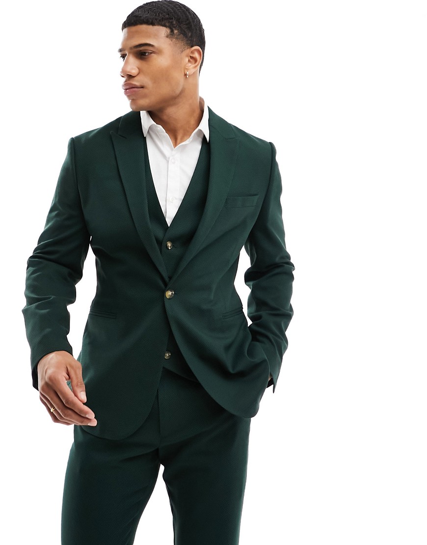 ASOS DESIGN wedding slim suit jacket in forest green microtexture