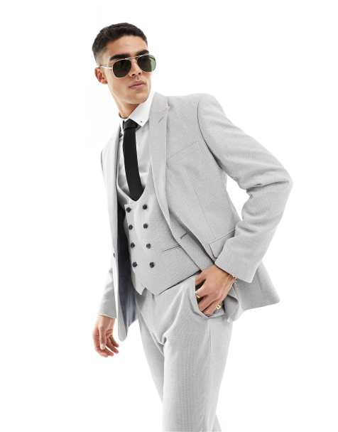 ASOS DESIGN wedding slim suit jacket in light grey birdseye texture - view 1