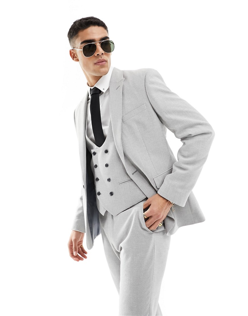 ASOS DESIGN wedding slim suit jacket in light grey birdseye texture