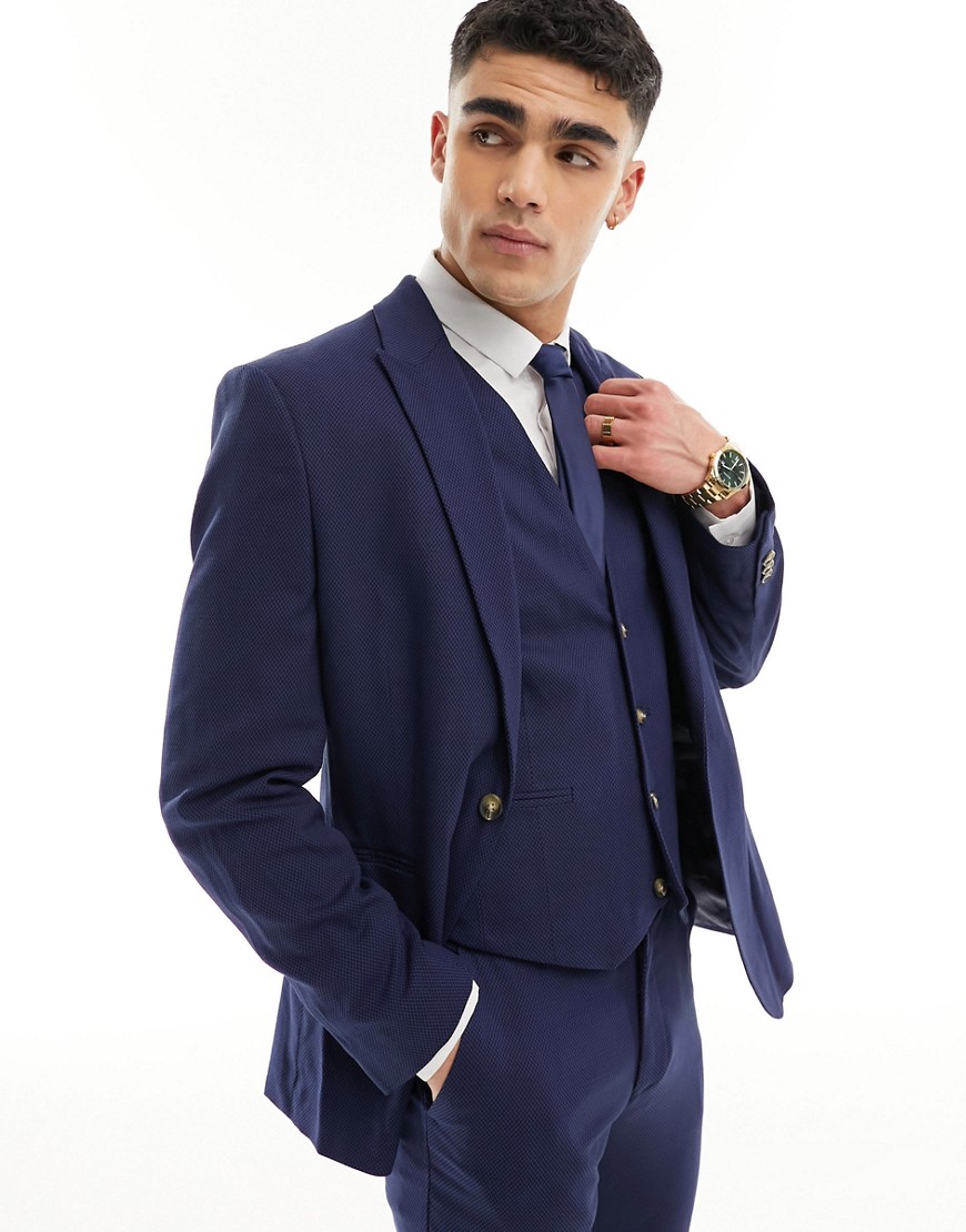 Asos Design Wedding Slim Suit Jacket In Micro Texture In Navy-blue