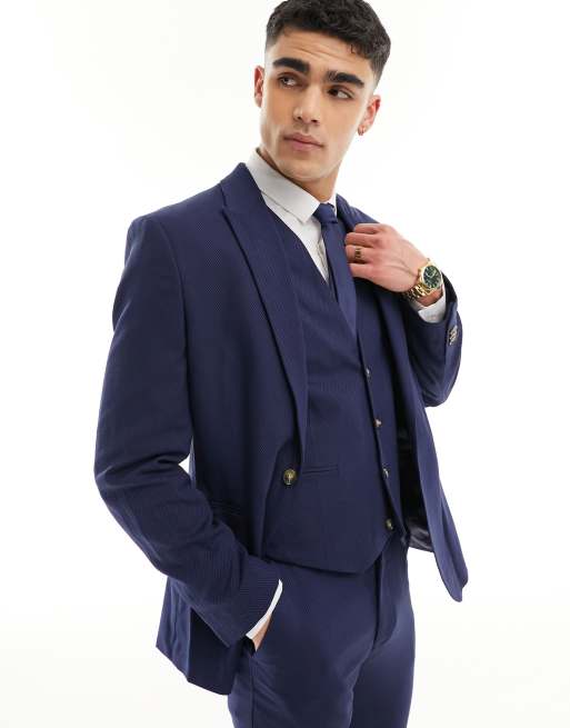 Navy slim fit textured suit jacket